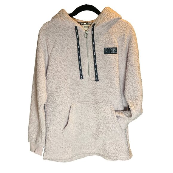 VS PINK Sherpa Pullover Small Relaxed Fit Hooded Half Zip Closure Kangaroo Pocke - Picture 1 of 9